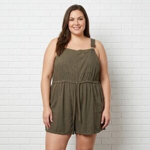 George Romper Womens 3X Olive Green Drawstring Waist Bib Front Utility Casual